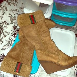 Gucci Logo Shearling Wedge Boots